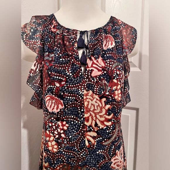 Madewell Womens V Neck Ruffle Trim Abstract Peplum Midi Dress Multi - Picture 3 of 9